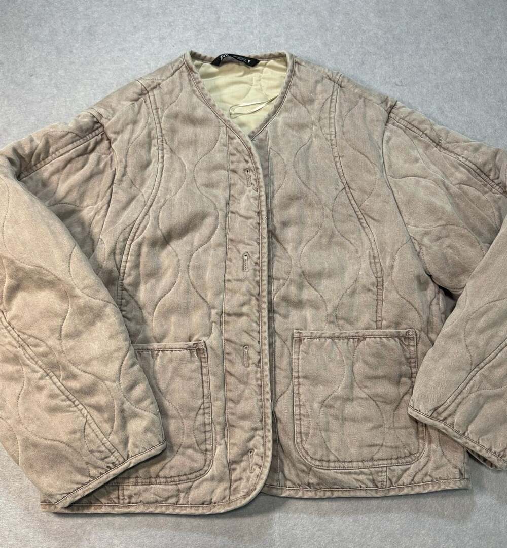 Zara Quilted Cotton Jacket Size S Taupe/Pink Open Front